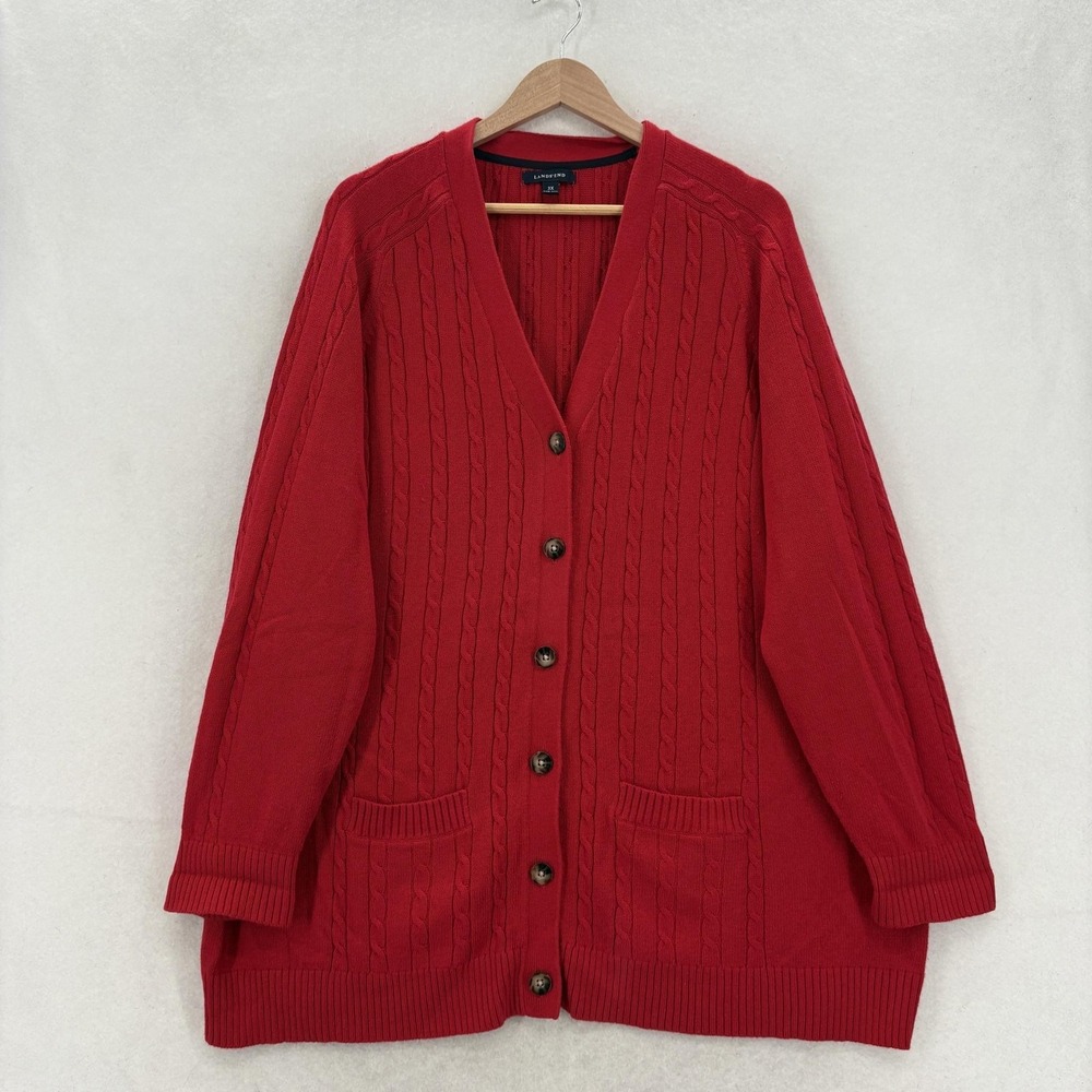 Lands End Cardigan Womens 3X Red Cotton Nylon Wool Cable Knit V Neck Casual